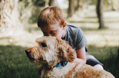 Un niño abraza a su perro.