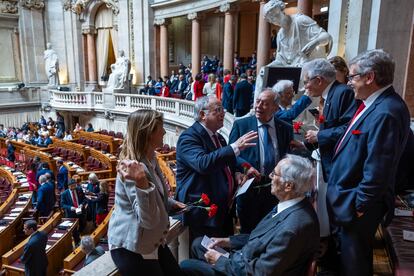 The president of the April 25 Association, Vasco Lourenço (second from left), attends the solemn commemorative session held for the 50th anniversary of the Carnation Revolution, at the Portuguese Parliament in Lisbon, this Thursday.