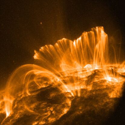 Maraña de bucles magnéticos en la corona del Sol. El material oscuro de su base es la fotosfera, 1.000 veces más fría que la corona.