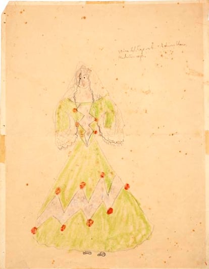 Los dibujos de Federico García Lorca para "La Zapatera Prodigiosa" (1930), a subasta. Inscripción del autor: "Vecina del traje verde. Aderezos blancos. Madroños verdes".