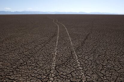 Marcas de neumáticos en las tierras cuarteadas del lago Poopó que se ha secado por completo, en Bolivia.