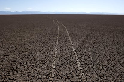 Marcas de neumáticos en las tierras cuarteadas del lago Poopó que se ha secado por completo, en Bolivia.