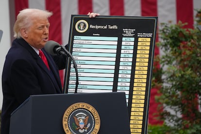 Donald Trump, el pasado 2 de abril, cuando anunció aranceles para decenas de sus socios comerciales, que luego puso en suspenso. 