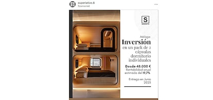 Anuncio de Superlativo.8 en Instagram orientado a compradores de cápsulas en un nuevo 'hostel' en Málaga.