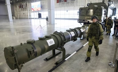 Un misil 9M729 en un base militar rusa cerca de Moscú el 23 de enero de este año.