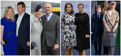 Da esquerda para a direita, Autumn e Peter Philips, Zara e Mark Tindall, Beatrice e Eugenie de York e James e lady Louise Windsor.