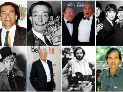 Arriba, Arnold Schwarzenegger, Salvador Dalí, Esteso y Pajares, y los Beatles. Abajo, Harpo Marx, Richard Gere, y los directores Stanley Kubrick y Oliver Stone. Todos tenían apasionantes películas entre manos, pero acabaron frustradas.
