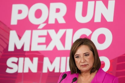 Xóchitl Gálvez, en una conferencia de prensa titulada "Por un México sin Miedo", frase que es un eje central de su campaña, el 7 de marzo en Ciudad de México. 