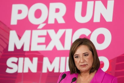 Xóchitl Gálvez, en una conferencia de prensa titulada "Por un México sin Miedo", frase que es un eje central de su campaña, el 7 de marzo en Ciudad de México.