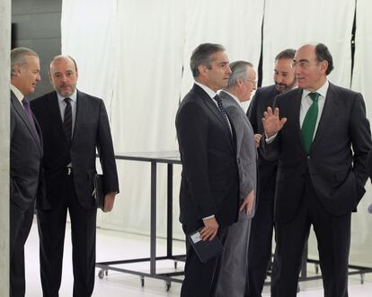 Rodrigo Echenique, Vicepresidente del banco Santander, Javier Monzón, presidente de Indra e Ignacio Sanchez Galán, presidente de Iberdrola