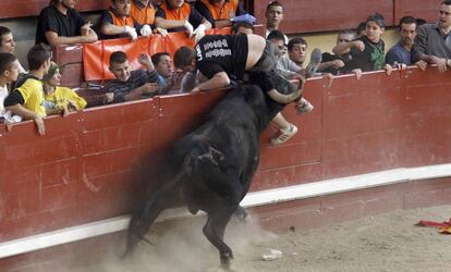 Un toro embiste a un joven en las fiestas patronales de Leganés (Madrid).