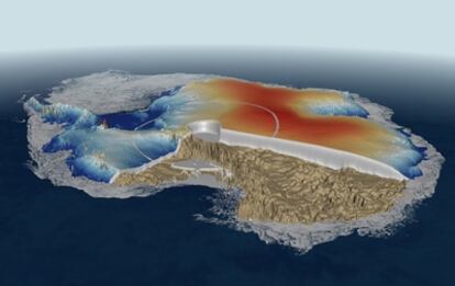 Mapa del grosor de la capa de hielo en la Antártida que se está elaborando con el satélite europeo <i>CryoSat</i>. Esta cartografía corresponde a los datos de febrero y marzo de 2011, pero hace falta tomar más para lograr mejor resolución.