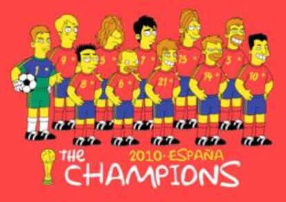 Publicidad en la que se califica al equipo español como campeón de la Copa Mundial de Fútbol 2010, en el dibujo animado norteamericano 'Los Simpsons'.
