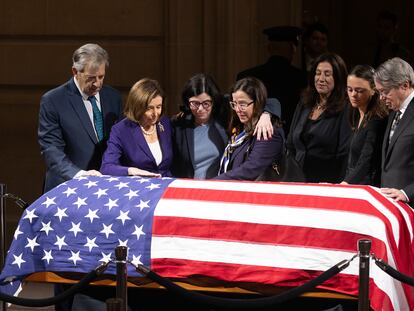 Rep. Nancy Pelosi blows a kiss at the casket of California Senator Dianne Feinstein as she lies in state at San Francisco City Hall in San Francisco, California, October 4, 2023.
