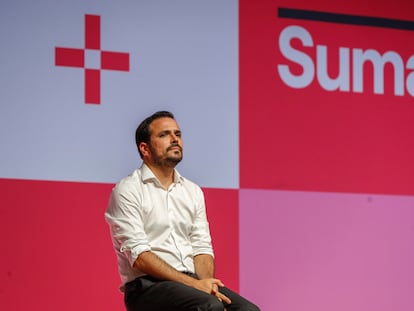 El ministro de Consumo de España, Alberto Garzón, este martes en un mitin de Sumar en Málaga.