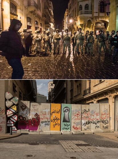 El Gobierno libanés en funciones ordenó un amplio despliegue de policías y militares en el centro de Beirut, epicentro de violentos enfrentamientos, para custodiar los accesos al Parlamento y proteger los bancos que son objeto de la ira popular desde el mes de enero. Abajo, el mismo lugar el 26 de marzo.
