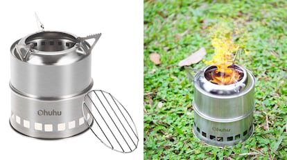cocinar sin electricidad en casa con un hornillo de acampada con parrilla portable.