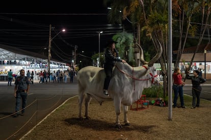 An attendee has her picture taken while sitting on a bull. A VIP pass to the festival costs 2,990 reais ($600), but a general entry tickets costs 20 reais ($4).