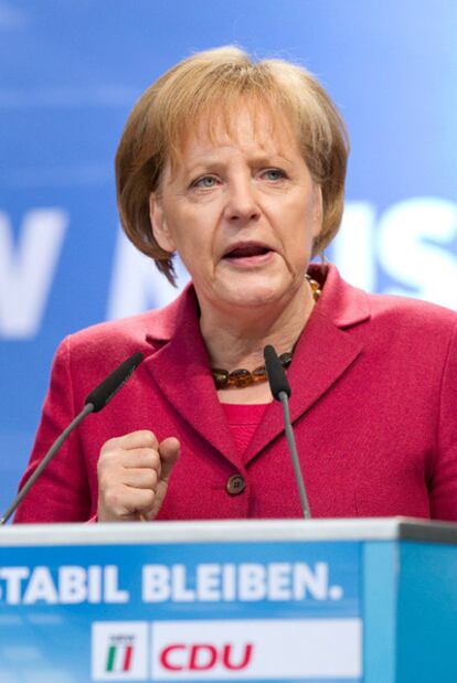 La canciller alemana, Angela Merkel, durante el mitin celebrado en Bielefeld.