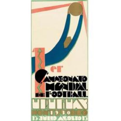 Vista del cartel del primer mundial de fútbol, el de Uruguay 1930, que será vendido al mejor postor en Londres el próximo 13 de mayo por la casa de subastas Christie's.