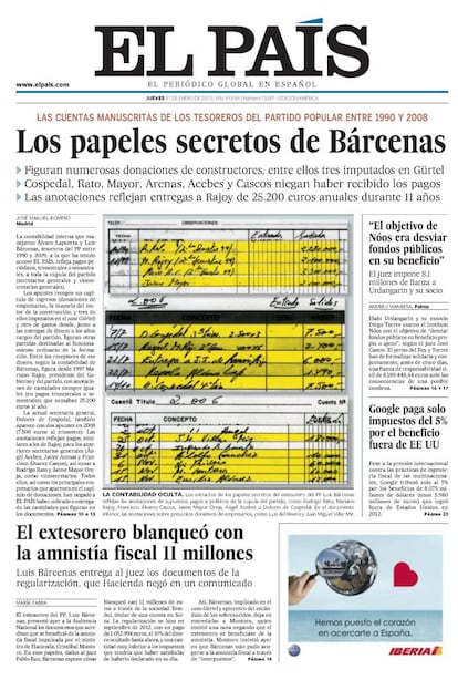 Portada de EL PAÍS del 31 de enero de 2013 dando a conocer la contabilidad secreta de Luis Bárcenas, tesorero del PP