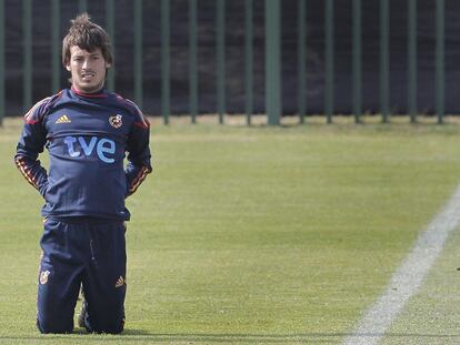 Silva, durante el entrenamiento de ayer con España.