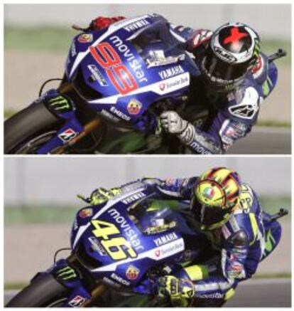 El español Jorge Lorenzo (arriba) y el italiano Valentino Rossi (abajo), durante la primera sesión de los entrenamientos libres del Gran Premio de la Comunidad Valenciana de motociclismo.