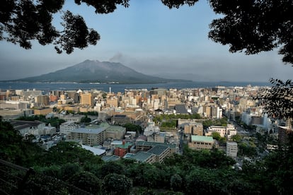 The Japanese town of Kagoshima, with a population of 600,000, on the island of Kyüshü. 