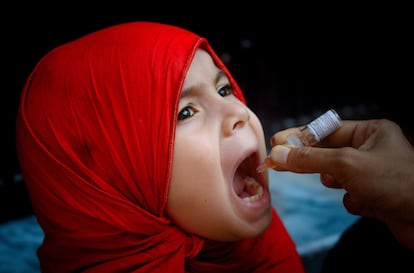 Una niña recibía la vacuna oral contra la poliomielitis, una enfermedad paralizante y muy infecciosa, el 22 de septiembre de 2020 en Rawalpindi, Pakistán. La iniciativa para hacer desaparecer la polio se puso en marcha en 1988 y, desde entonces, los casos se han reducido en un 99%. Pakistán y Afganistán son los dos únicos países del mundo donde la enfermedad sigue siendo endémica. En Pakistán, la campaña de septiembre de 2020, a la que pertenece la foto, tuvo lugar tras una pausa de seis meses por la pandemia de covid. Unos 39 millones de niños menores de cinco años fueron vacunados.