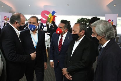 Marko Cortés, presidente del PAN, Alejando Moreno, presidente del PRI y Jesús Zambrano, presidente del PRD, en la Convención Sí por México.