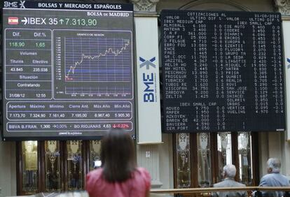 El panel de la Bolsa de Madrid refleja la evolución del IBEX 35.
