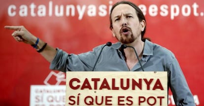 El secretari general de Podem, Pablo Iglesias, durant la seva intervenció aquest dissabte en un acte de campanya per al 27-S.