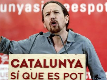 El secretario general de Podemos, Pablo Iglesias, durante su intervenci&oacute;n el s&aacute;bado en un acto de campa&ntilde;a para el 27-S.