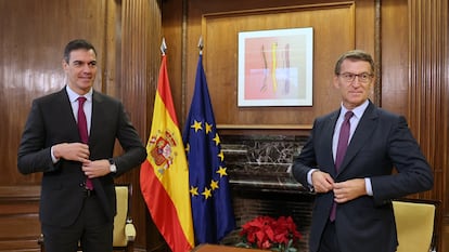 Reunión entre el Presidente del Gobierno, Pedro Sánchez y el lider de la oposición (PP), Alberto Núñez Feijóo, en el Congreso de los Diputados el pasado diciembre.