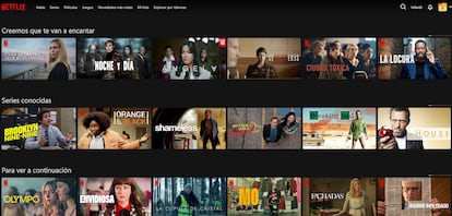 Captura de una página de inicio de Netflix con recomendaciones hechas por la plataforma.