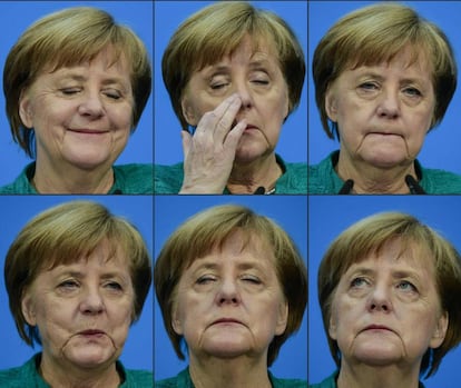 Las reacciones de la canciller alemana, Angela Merkel, en la rueda de prensa para anunciar un nuevo pacto de Gobierno este miércoles en Berlín.
