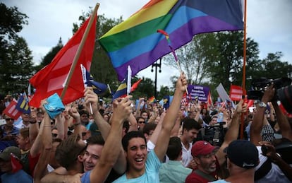 Gay rights activists celebrating in front of the Supreme Court.