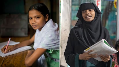 A la izquierda, Kanchon Rami Das, en 2015, cursa el quinto curso de primaria en una escuela para trabajadores de Educo en Bangladés. A la derecha, en 2024, es ya una estudiante universitaria de Administración.
