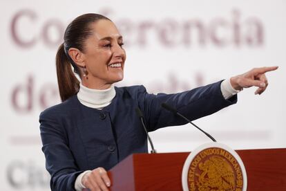 Claudia Sheinbaum participa en una rueda de prensa en Palacio Nacional, en Ciudad de México.