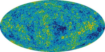 Mapa del fondo cósmico de microondas obtenido por el satélite 'WMAP', de la NASA. La luz que nos llega del fondo de microondas se originó hace 13.400 millones de años. Este mapa nos muestra cómo era el universo recién nacido.