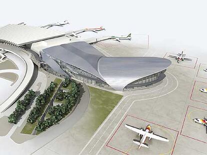 Futura terminal regional del aeropuerto de Valencia con su cubierta de hormigón y aluminio y, en primer término, la Línea 5 del metro que llega hasta el edificio.