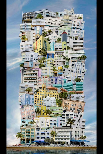El propósito de algunas de las realizaciones del fotógrafo es concentrar la atmósfera de una ciudad en una sola foto, como ocurre en este collage de Miami. 