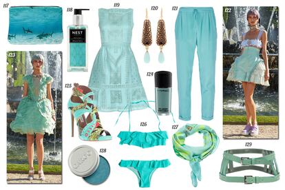 117. Samudra Clutch con imagen de tiburones en el mar. 118. Nest Fragrances Jabn lquido Moss & Mint. 119. Valentino Vestido sin mangas con detalles calados. 120. Fendi Pendientes dorados con piedras. 121. P.A.R.O.S.H Pantaln con cordn en la cintura. 122 y 123. Chanel Cruise. 124. MAC Laca de u?as Baking Beauties. 125. Tabitha Simmons Sandalia abotinada de piel y pitn con detalles en naranja. 126. Oysho Bikini con volantes. 127. Clinch Pa?uelo de seda estampada. 128. Cargo Sombra de ojos. 129. Yuzefi Cinturn doble de piel.