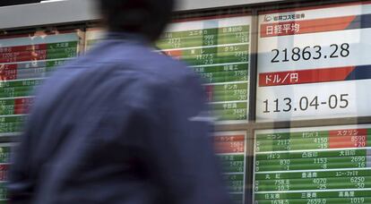 Paneles de cotizaci&oacute;n de valores del &iacute;ndice Nikkei 225 en Tokyo