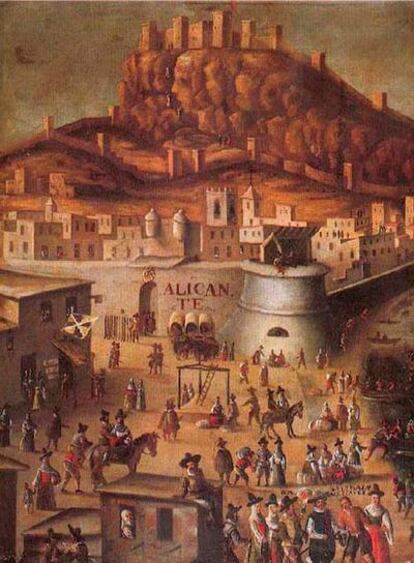 Fragmento de <b><i>Expulsión de los moriscos en 1609 en el puerto de Alicante</b></i> (1612-1613), de Pere Oromig y Francisco Peralta. 
Colección de la Caja de Ahorros de Valencia, Castellón y Alicante, Bancaja