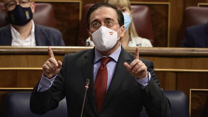 El ministro de Asuntos Exteriores, Unión Europea y Cooperación, José Manuel Albares, durante una intervención en el Congreso.