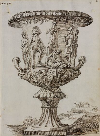 'Crátera con relieve alegórico de la Villa Borghese', de Domingo Antonio Lois Monteagudo. Libro de varios adornos, fol. 56. Hacia 1759 - 1764.