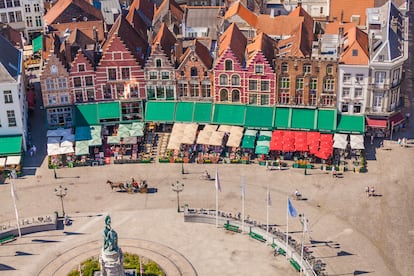 Aerial view of the central Markt square in Bruges.