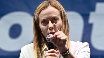 La líder del partido Hermanos de Italia, Giorgia Meloni, en un mitin en Génova, la semana pasada.