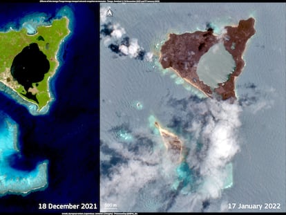 Comparación de las imágenes vía satélite de la isla Nomuka en Tonga el 18 de diciembre de 2021 y después de la erupción del volcán Hunga-Tonga Hunga'apai